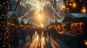 Marché de Noël illuminé au coucher du soleil, avec des stands décorés et des visiteurs déambulant dans une ambiance festive